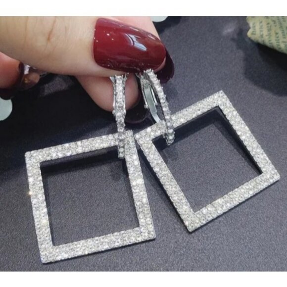 2/$24 Square Rhinestone Drop Earrings In Silver Tone - Picture 1 of 6